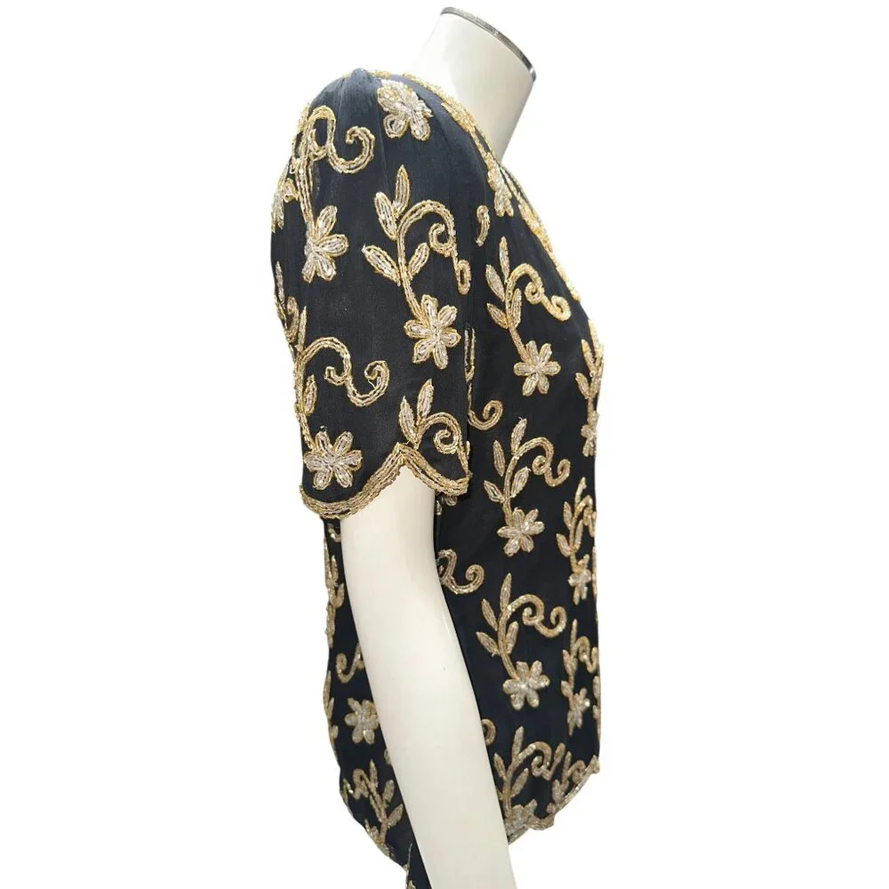 Stenay Small Black Gold All Silk Beaded Sequin Floral Blouse Vintage Evening Top - Picture 6 of 13